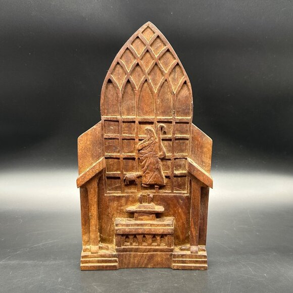 Vintage Plaque Hand Carved Wooden Religious Mini Candle Holder Jesus Lamb Church - Picture 1 of 11